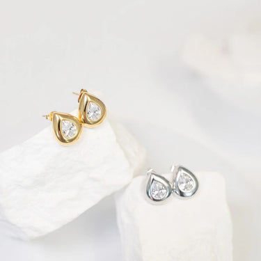 18K Gold PVD Stainless Steel Clear Stone Tear Drop Stud Earrings- gold and silver studio 