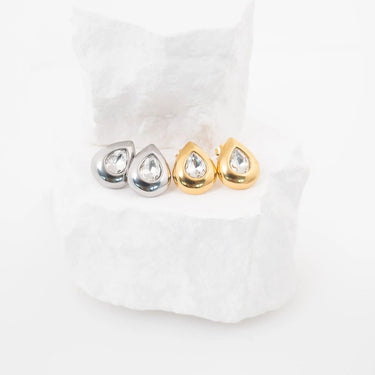 18K Gold PVD Stainless Steel Clear Stone Tear Drop Stud Earrings- gold and silver studio 