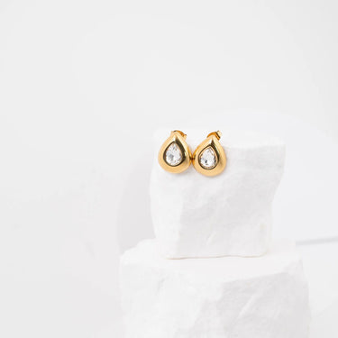 18K Gold PVD Stainless Steel Clear Stone Tear Drop Stud Earrings-Gold studio