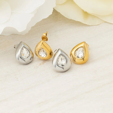 18K Gold PVD Stainless Steel Clear Stone Tear Drop Stud Earrings- gold and silver studio 