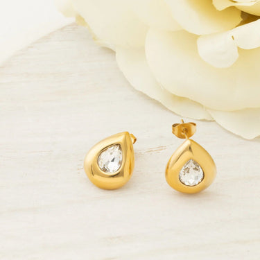 18K Gold PVD Stainless Steel Clear Stone Tear Drop Stud Earrings- gold studio 
