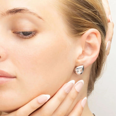 18K Gold PVD Stainless Steel Clear Stone Tear Drop Stud Earrings- silver model 