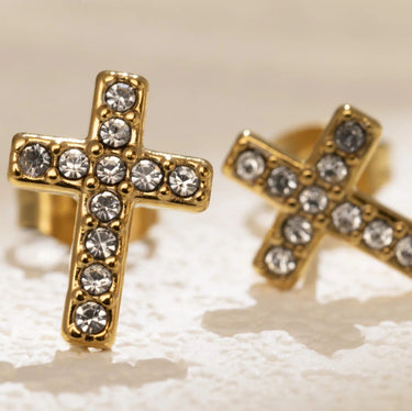 Wholesale jewelry 18K Gold PVD Stainless Steel Stone Cross Earrings- gold studio 
