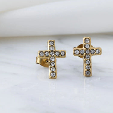 Wholesale jewelry 18K Gold PVD Stainless Steel Stone Cross Earrings- Gold studio 