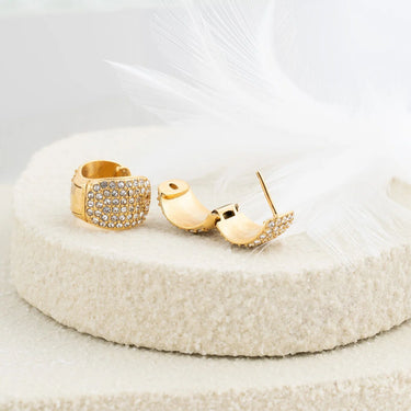 Wholesale jewelry 18K Gold PVD Stainless Steel Pave Stone Huggie Earrings- gold studio 