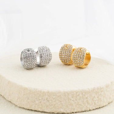 Wholesale jewelry 18K Gold PVD Stainless Steel Pave Stone Huggie Earrings- stainless and gold studio 