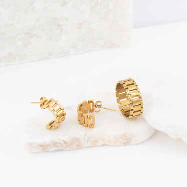 Wholesale jewelry 18K Gold PVD Stainless Steel Baguette Statement Hoop Earrings- gold studio 