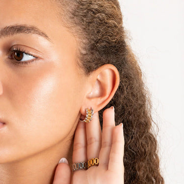 Wholesale jewelry 18K Gold PVD Stainless Steel Baguette Statement Hoop Earrings- mixed metal model 