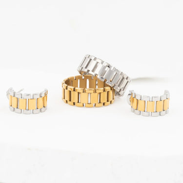 Wholesale jewelry 18K Gold PVD Stainless Steel Baguette Statement Hoop Earrings- mixed metal studio