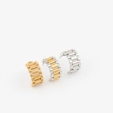 Wholesale jewelry 18K Gold PVD Stainless Steel Baguette Statement Hoop Earrings- collection studio shot 
