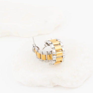 Wholesale jewelry 18K Gold PVD Stainless Steel Baguette Statement Hoop Earrings- mixed metal studio 