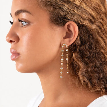 Wholesale jewelry 18K Gold PVD Stainless Steel Double Stone Dangle Earrings- gold model