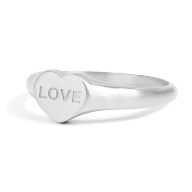 Heart shape signet ring with "love" engraved in the center of the heart side view