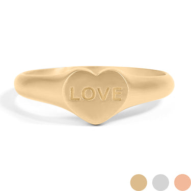 Heart shape signet ring with "love" engraved in the center of the heart