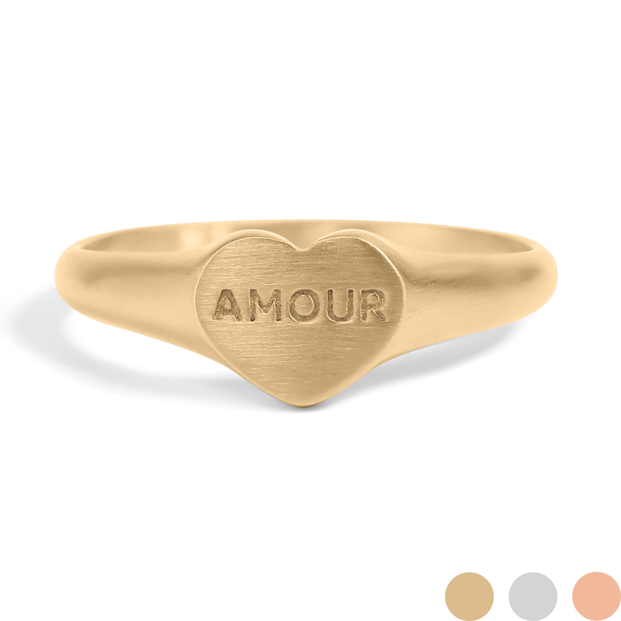 Heart shape signet ring with "amour" engraved in the center of the heart