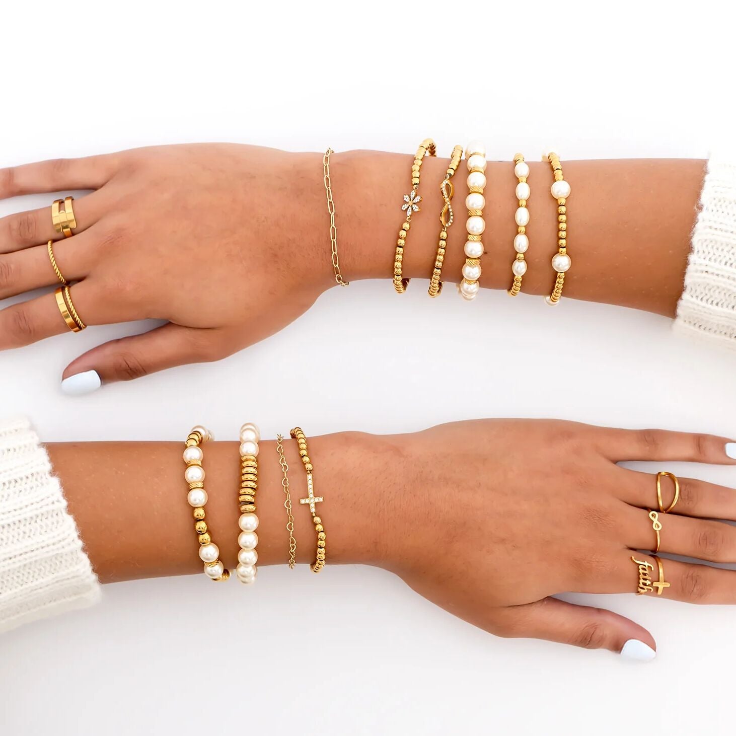 18K Gold PVD Stainless Steel Stone Cross Metal Beaded Stretch Bracelet / BRJ1019