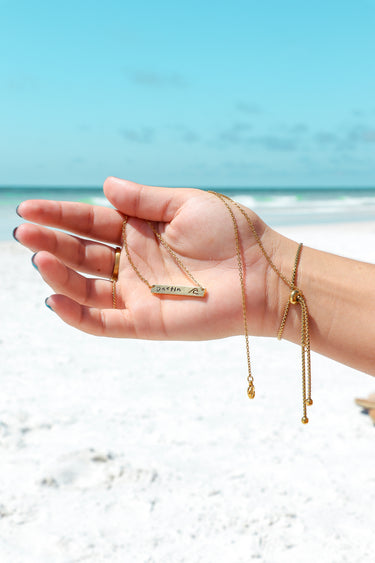 Cutout Wave Bar Stainless Steel Necklace Lifestyle with custom Engraving