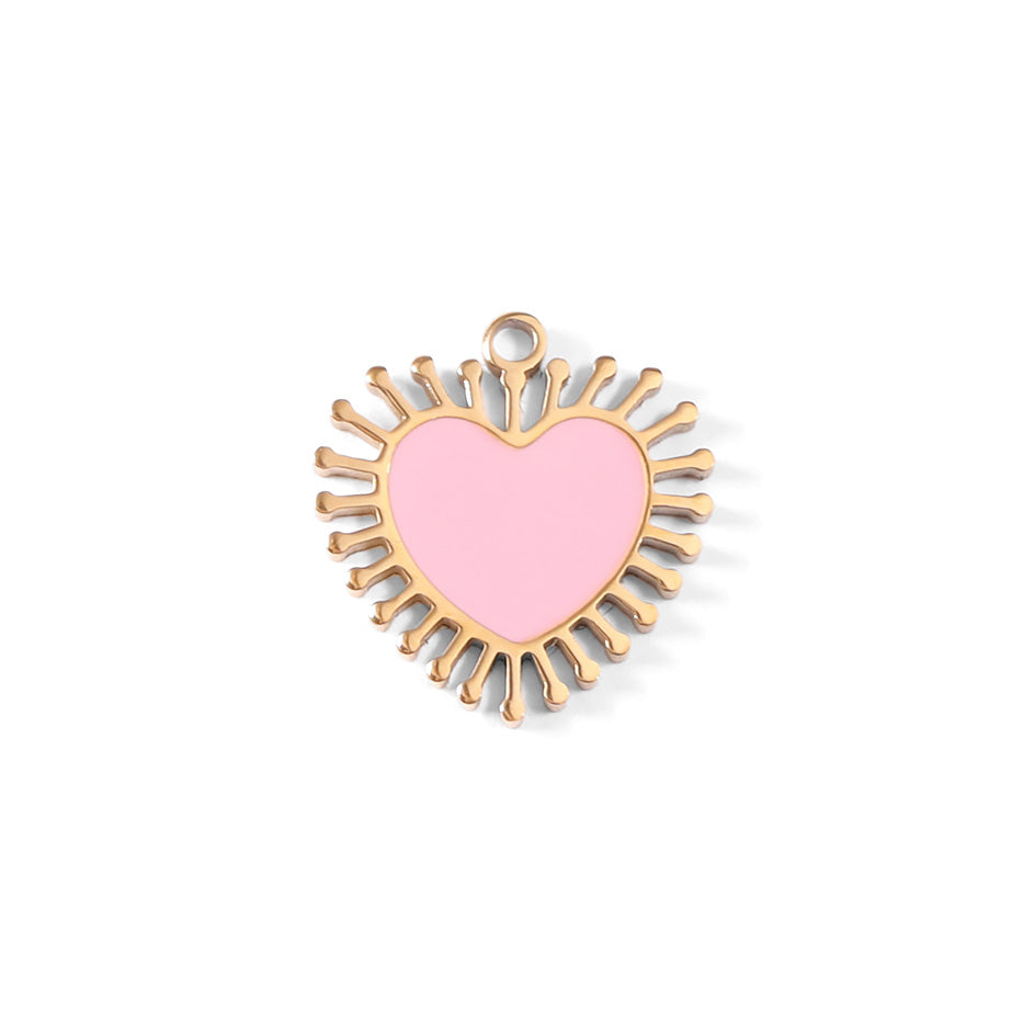 18K Gold PVD Stainless Steel Epoxy Pink Sun Ray Heart Charm / PDL0028
