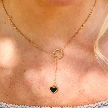 Gold Lariat Necklace with Black heart