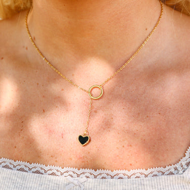 Gold Lariat Necklace with Black heart