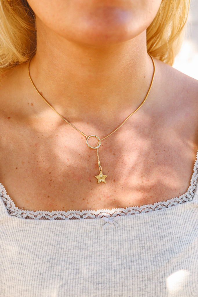 Gold Star lariat necklace lifestlye