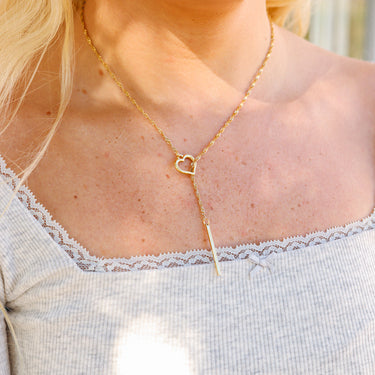 gold Lariat Necklace heart with drop bar