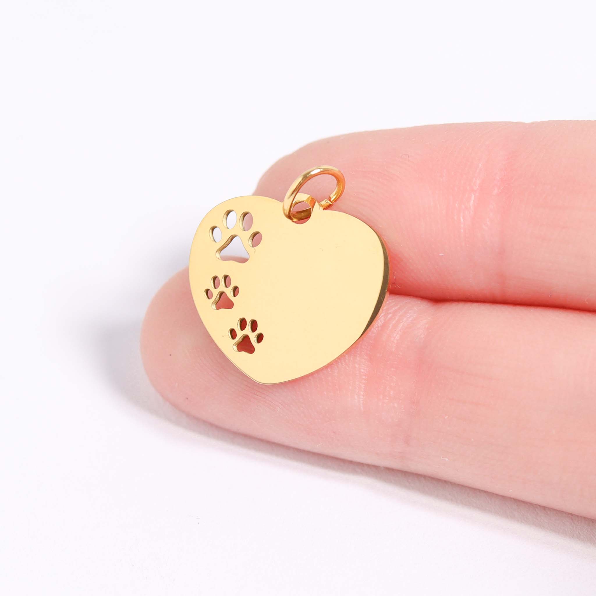 18K Gold PVD Stainless Steel Blank Paw Print Heart Charm / PDL0139