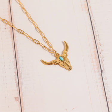 Longhorn bull pendant with turquoise stone in forehead lifestyle