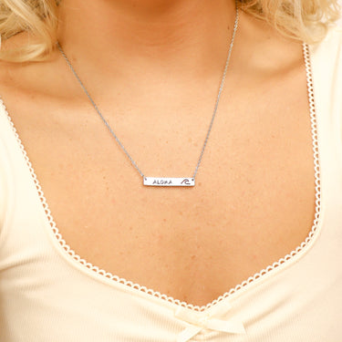 Cutout Wave Bar Stainless Steel Necklace Lifestyle with custom Engraving