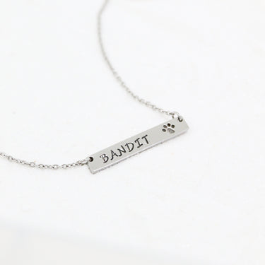Custom chain necklace with horizontal bar pendant with paw print engraving