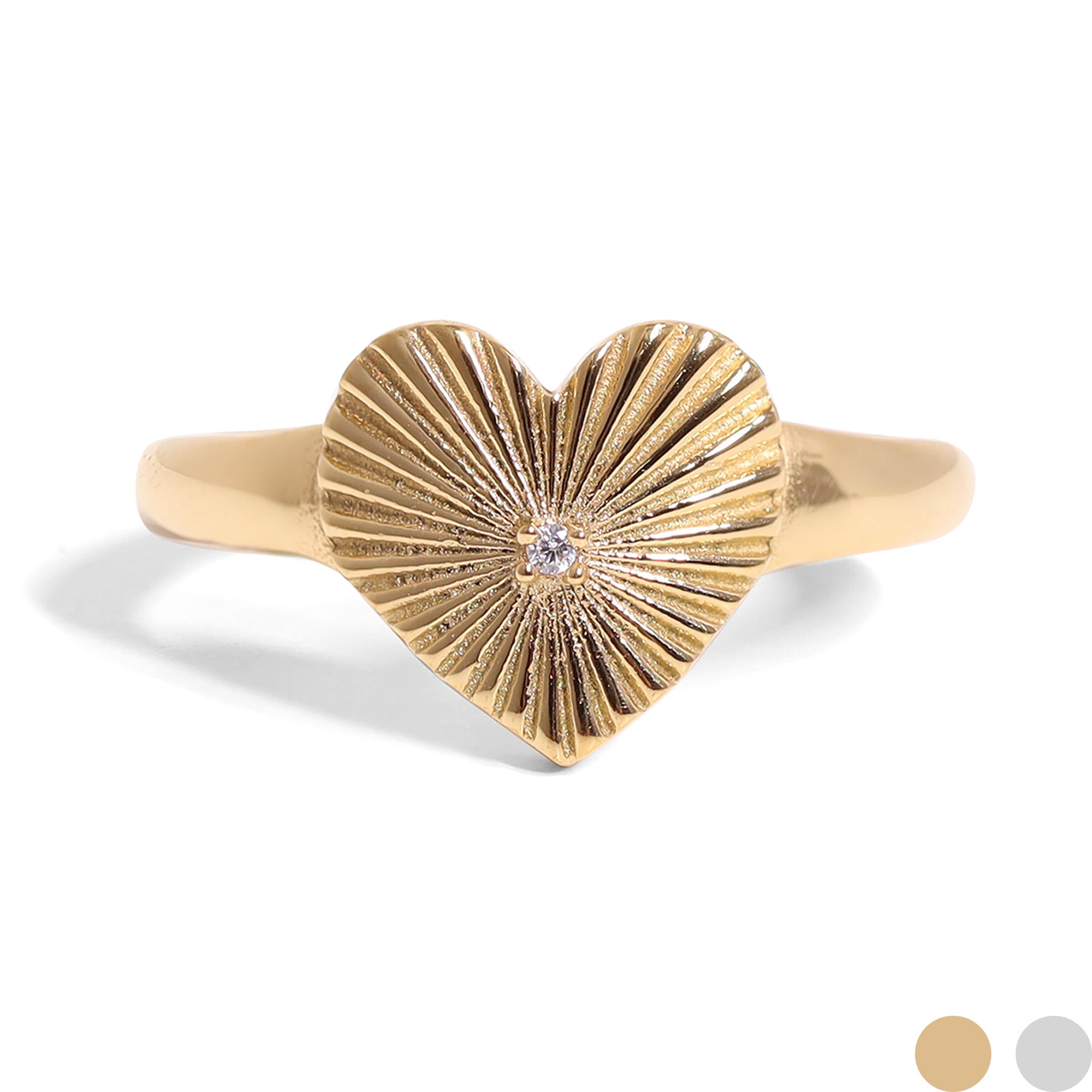 18K gull PVD rustfritt stål kubikk zirconia Sunburst Heart Ring/KSS0003