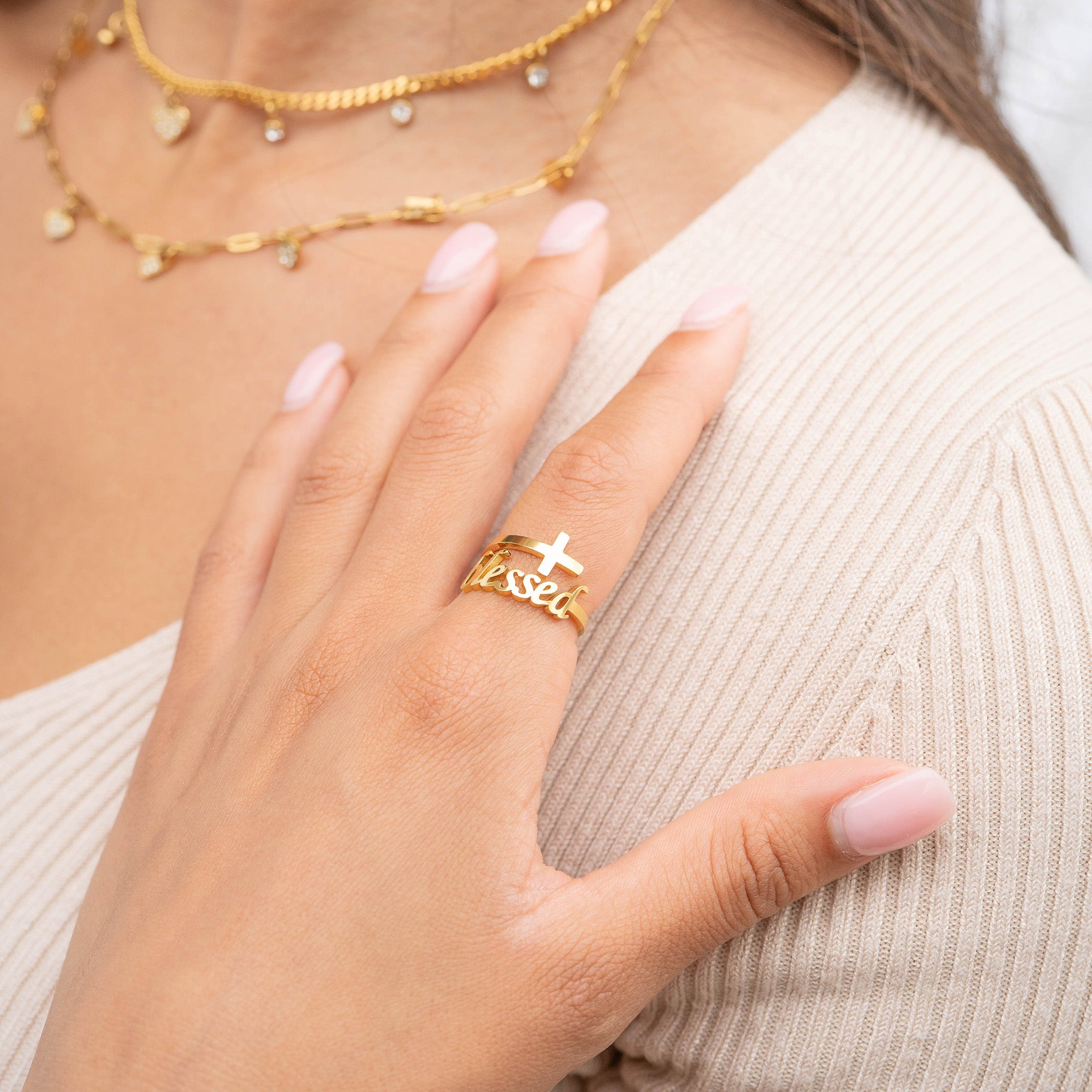 18K Gold PVD Stainless Steel Adjustable "Blessed" Ring