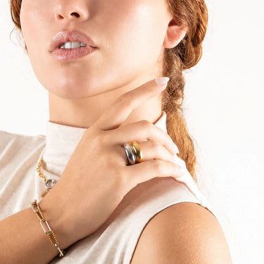 Wholesale jewelry 18K Gold PVD Stainless Steel Mixed Metal Side By Side Ring- model