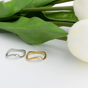 Two gold and silver rings on a white surface with green leaves and a white flower in the background.