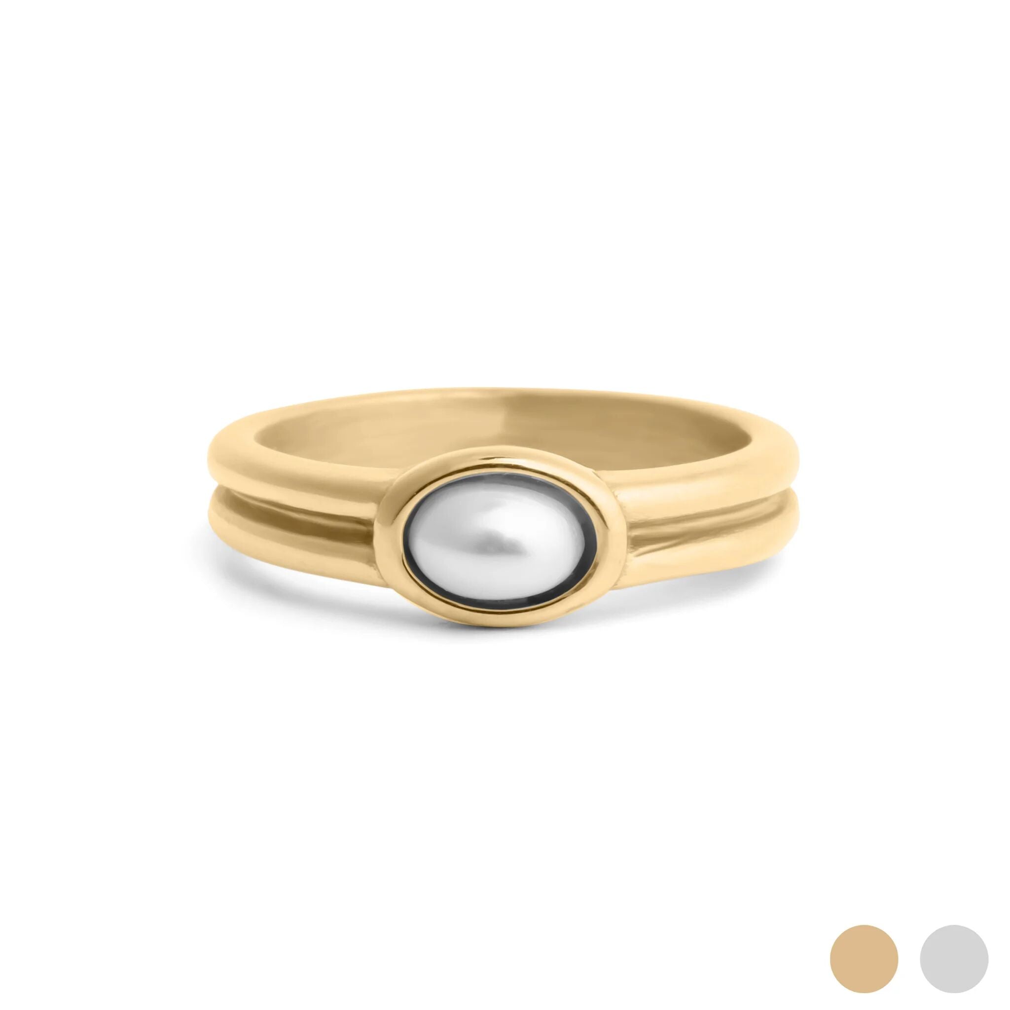 Gold ring with a central pearl on a white background