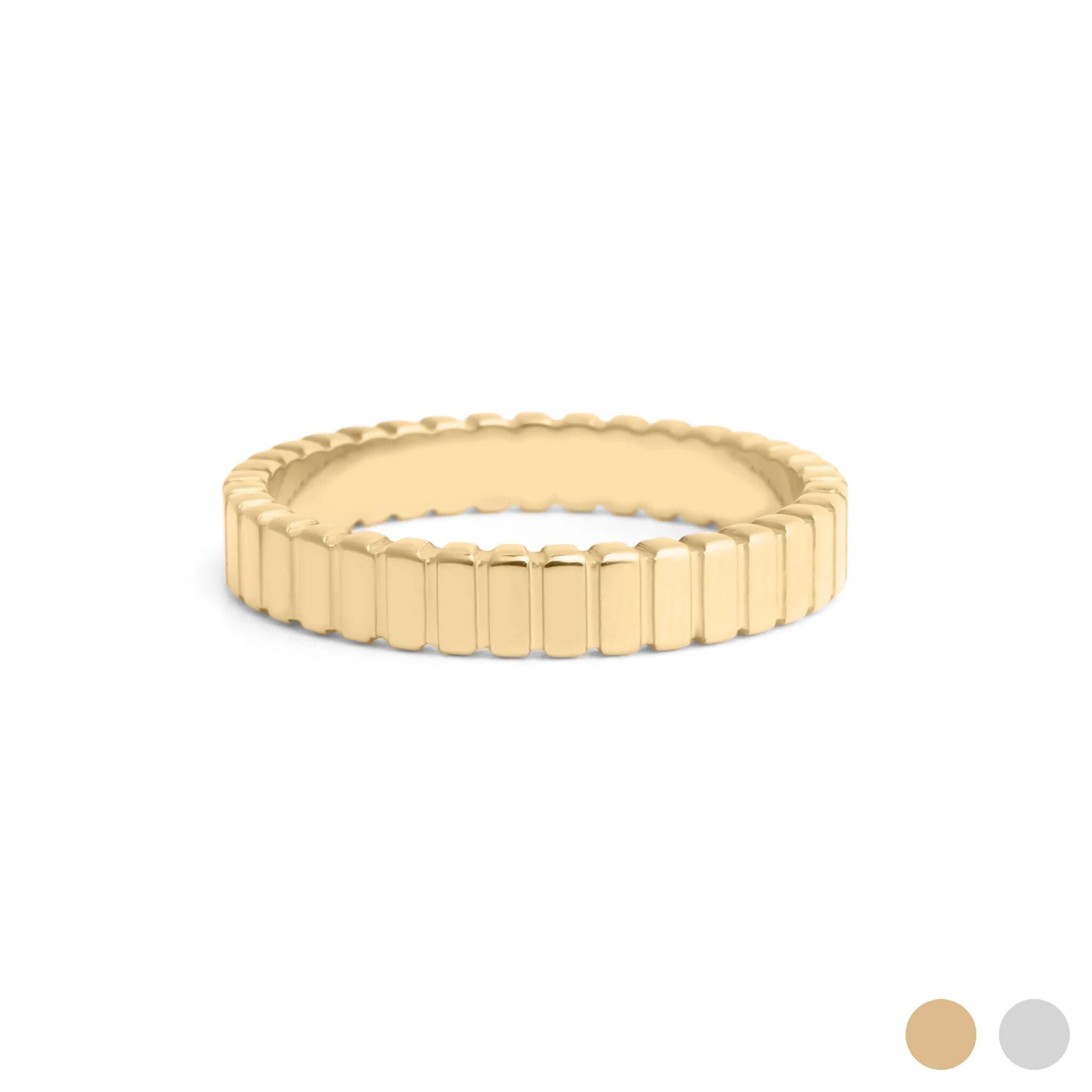 Gold ring with a ribbed design on a white background