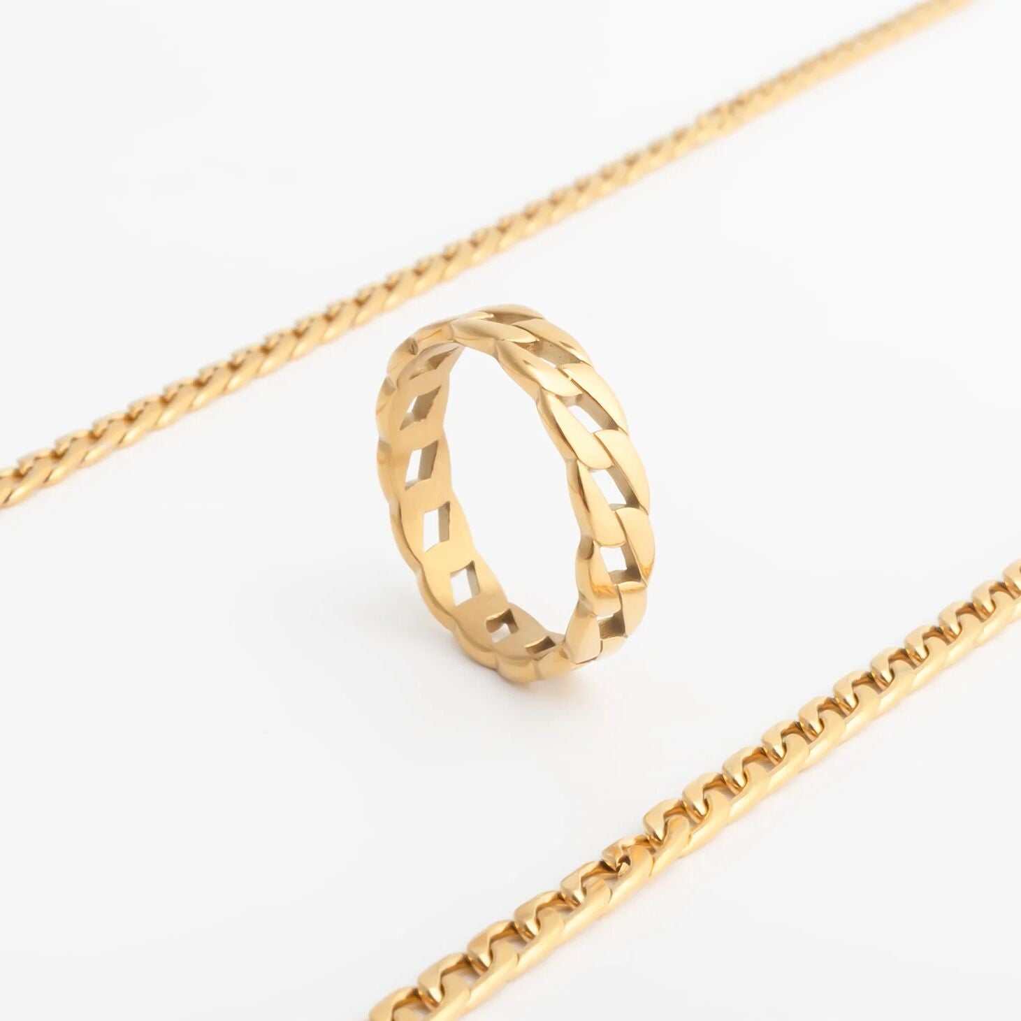 Golden Rings With Chain 18K Gold PVD Stainless Steel Curb Chain Stacking Ring / KSS0034 ...