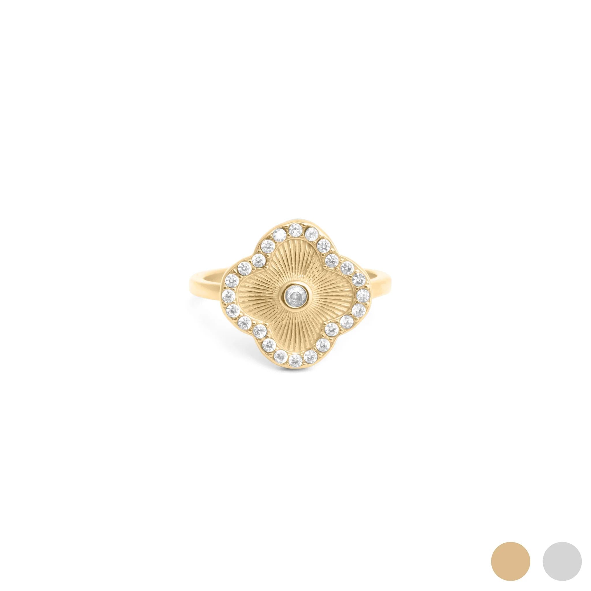Gold Floral Motif Ring with a CZ stones on a white background