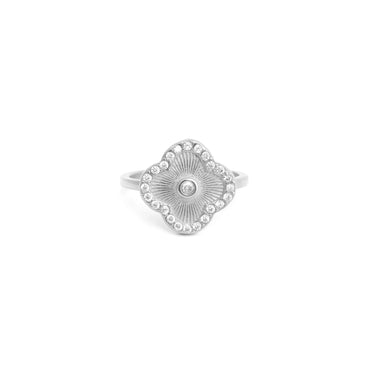 Silver Floral Motif Ring with a textured design on a white background