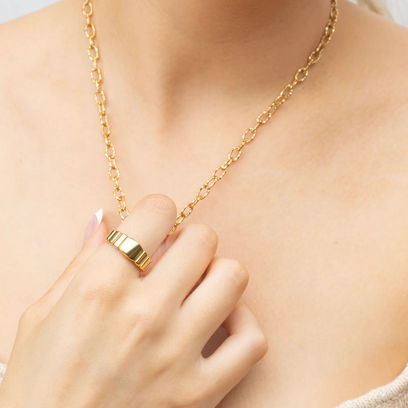 Gold Ridged Band Signet Ring