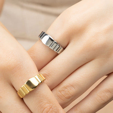 Gold and Silver Ridged Band Signet Rings