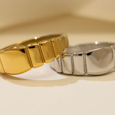 Gold and Silver Ridged Band Signet Rings