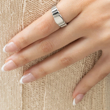 Silver Ridged Band Signet Ring