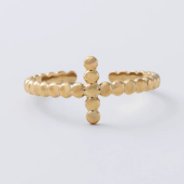 18K Gold PVD Stainless Steel Beaded Cross Adjustable Ring- gold studio 