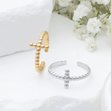 18K Gold PVD Stainless Steel Beaded Cross Adjustable Ring- gold and silver studio 