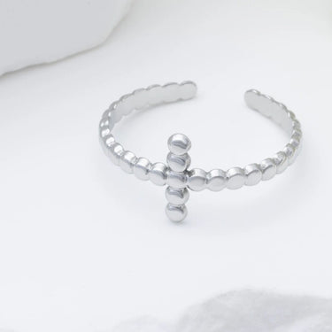 18K Gold PVD Stainless Steel Beaded Cross Adjustable Ring- silver studio 