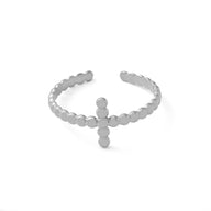 18K Gold PVD Stainless Steel Beaded Cross Adjustable Ring- silver main 