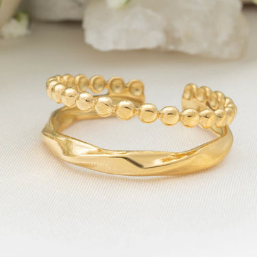 18K Gold PVD Stainless Steel Double Beaded Adjustable Ring- gold studio