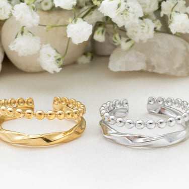 18K Gold PVD Stainless Steel Double Beaded Adjustable Ring- gold and silver studio 