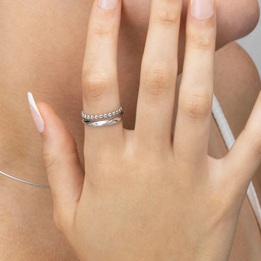 18K Gold PVD Stainless Steel Double Beaded Adjustable Ring- silver model 